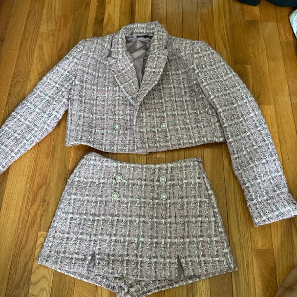 Olivaceous Jackets & Blazers - Olivaceous Tweed Cropped Jacket and Shorts Set